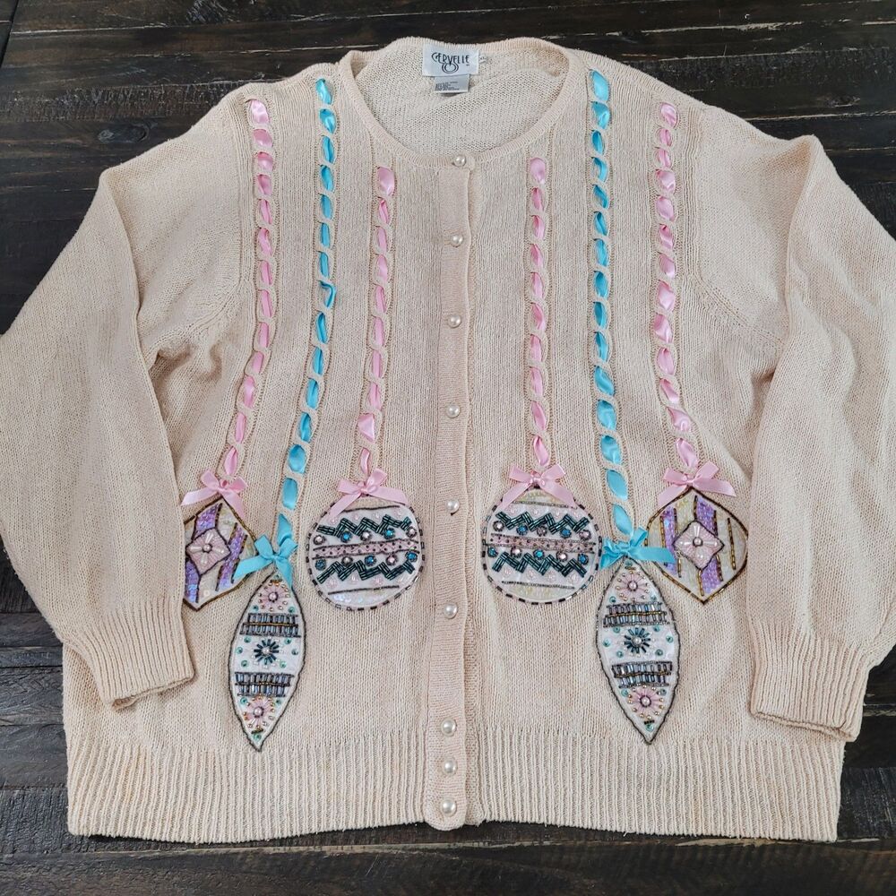 Cervelle Women’s XL Vintage Grandma Cardigan Sweater Beaded Ornament Applique